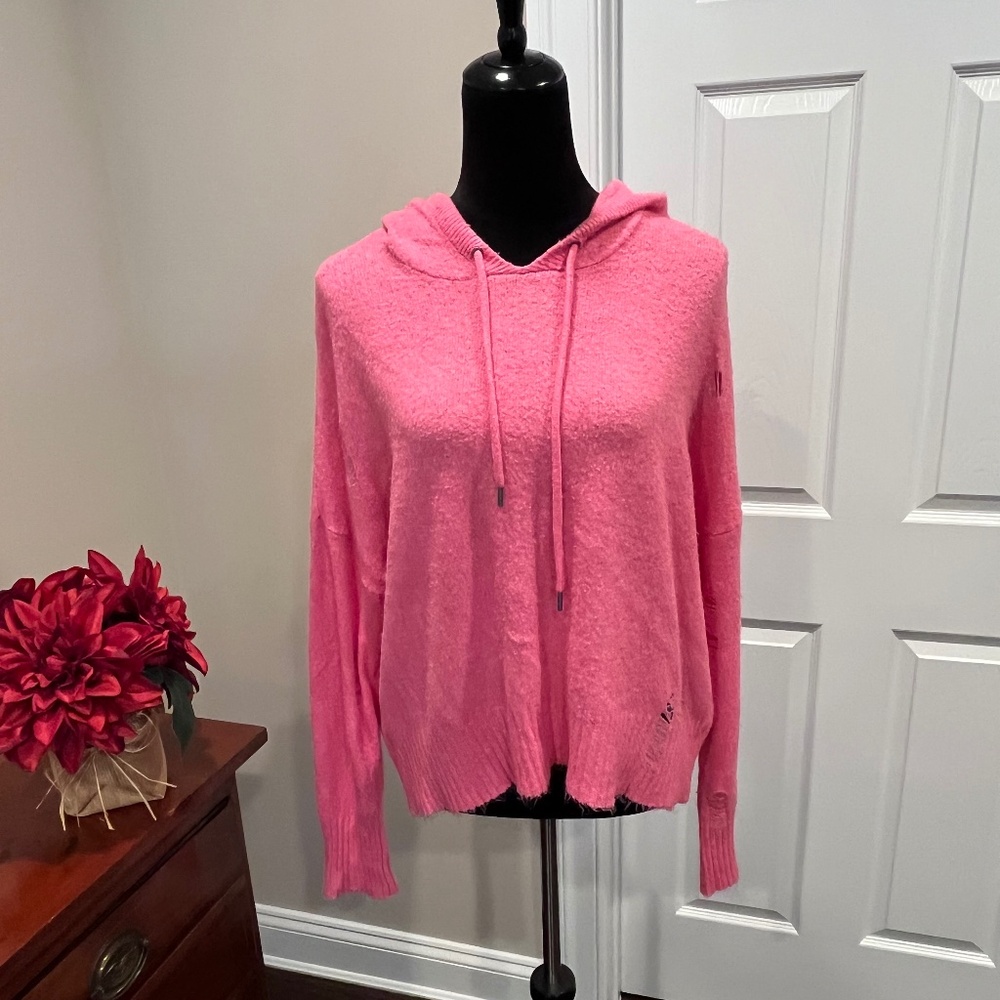 American Eagle Outfitters Super Distressed Hot Pink Hooded Sweater L